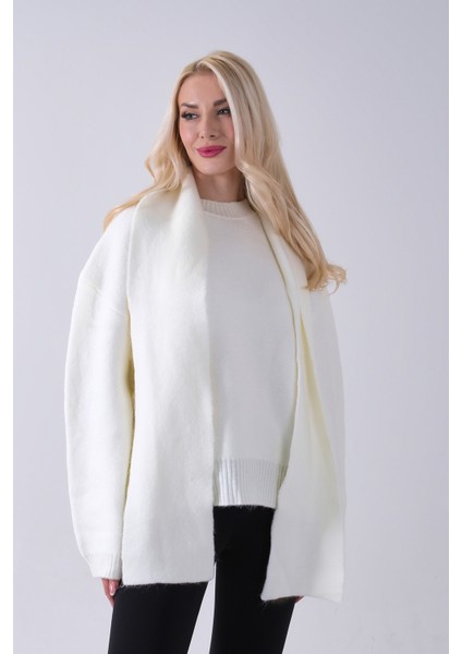 Ekru Şal Aksesuarlı Bisiklet Yaka Triko Kazak 46892633.147