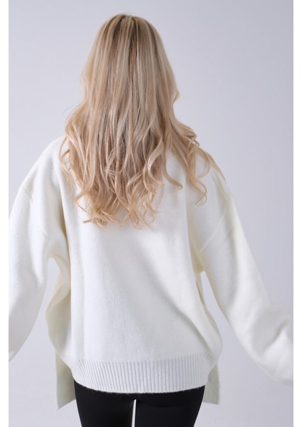 Ekru Şal Aksesuarlı Bisiklet Yaka Triko Kazak 46892633.147