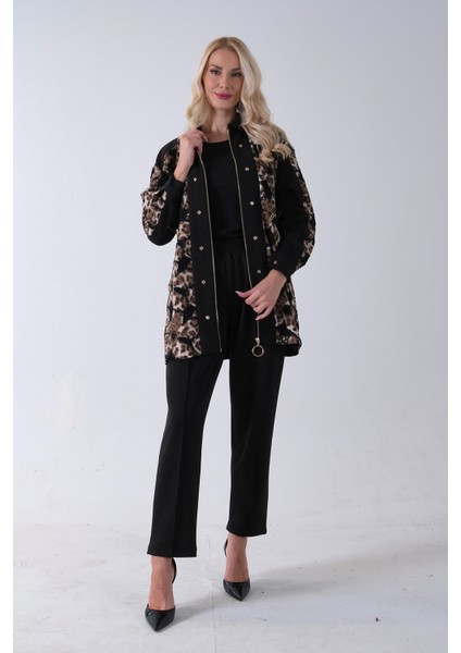 Siyah Üzeri Leopar Desenli Belden Lastikli Pantolon Tunikli Takım 4701402.01