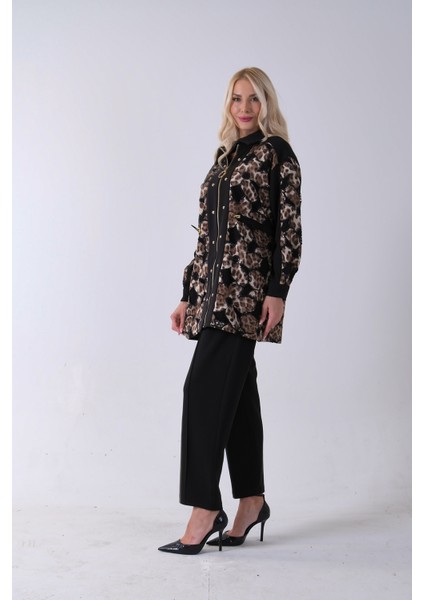 Siyah Üzeri Leopar Desenli Belden Lastikli Pantolon Tunikli Takım 4701402.01