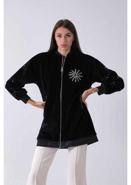 Siyah Üzeri Taş Detaylı Yandan Cepli Peluş Hırka 4701420.01