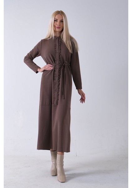 Kahve Belden Bağlamalı Yaka Fırfır Detaylı Düğme Kapamalı Elbise 4571574.05 fiyatları