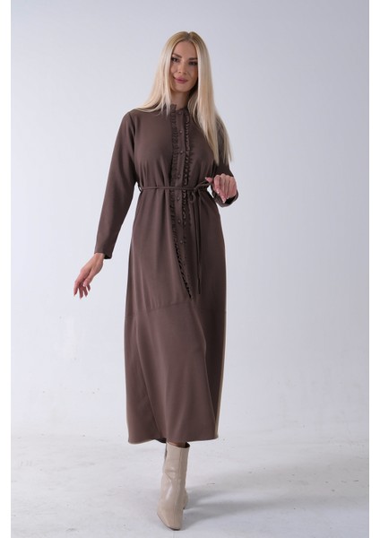 Kahve Belden Bağlamalı Yaka Fırfır Detaylı Düğme Kapamalı Elbise 4571574.05 modelleri