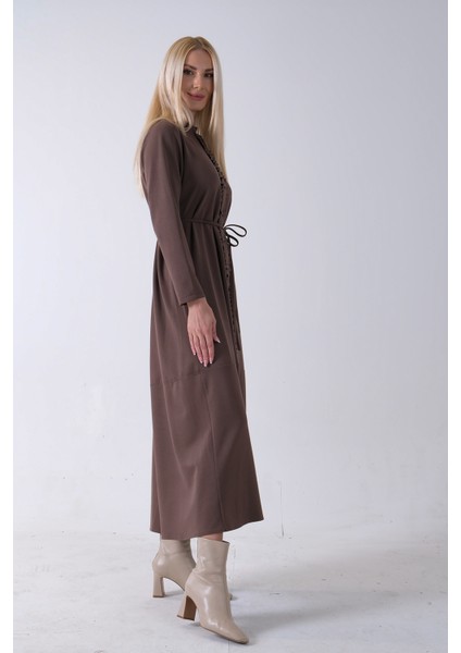 Kahve Belden Bağlamalı Yaka Fırfır Detaylı Düğme Kapamalı Elbise 4571574.05 indirimleri