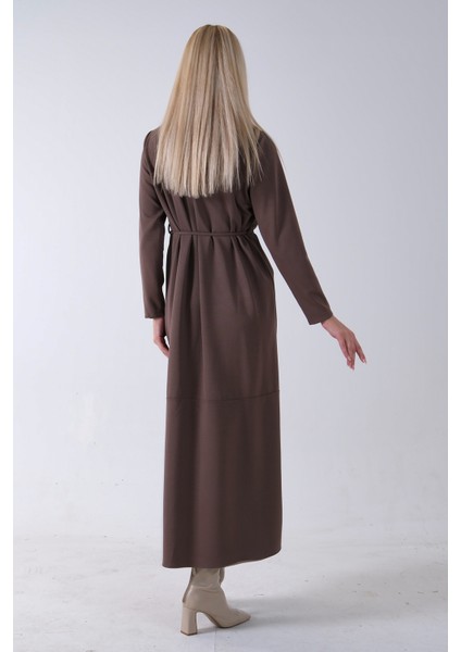 Kahve Belden Bağlamalı Yaka Fırfır Detaylı Düğme Kapamalı Elbise 4571574.05