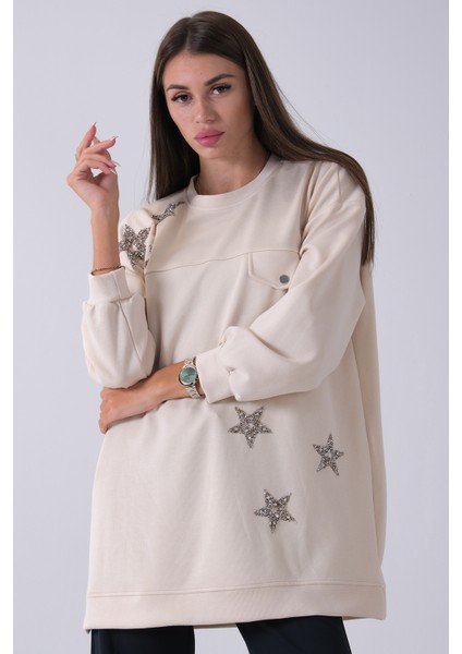 Taş Üzeri Yıldız Desenli Taş Işlemeli Cep Görünümülü Tunik 940170258.50