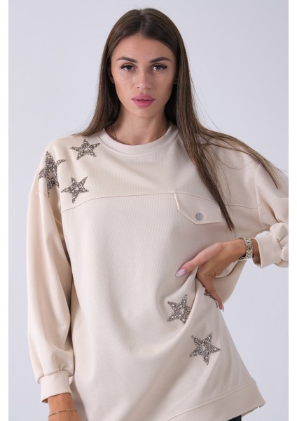 Taş Üzeri Yıldız Desenli Taş Işlemeli Cep Görünümülü Tunik 940170258.50