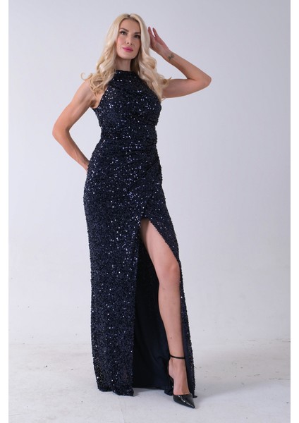 Lacivert Bisiklet Yaka Kolsuz Yırtmaç Detaylı Pul Payet Abiye 9705482.02 modelleri