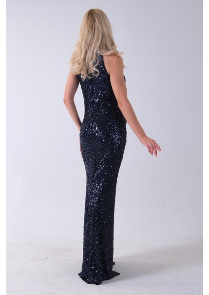 Lacivert Bisiklet Yaka Kolsuz Yırtmaç Detaylı Pul Payet Abiye 9705482.02 indirimleri