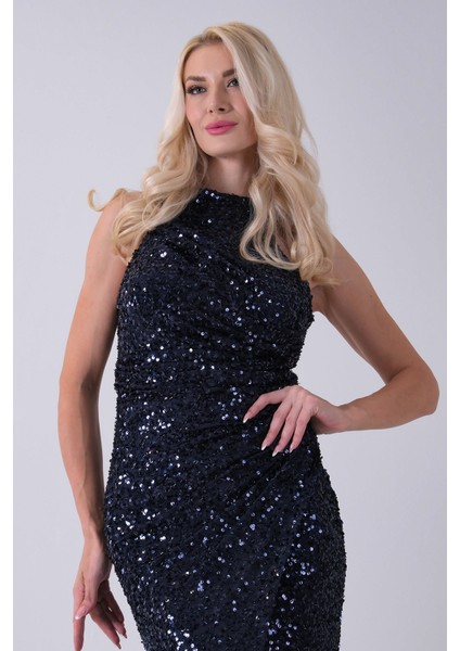 Lacivert Bisiklet Yaka Kolsuz Yırtmaç Detaylı Pul Payet Abiye 9705482.02