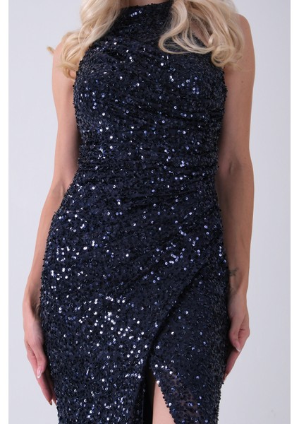 Lacivert Bisiklet Yaka Kolsuz Yırtmaç Detaylı Pul Payet Abiye 9705482.02