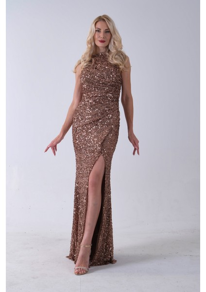 Bakır Bisiklet Yaka Kolsuz Yırtmaç Detaylı Pul Payet Abiye 9705482.231