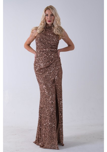 Bakır Bisiklet Yaka Kolsuz Yırtmaç Detaylı Pul Payet Abiye 9705482.231 modelleri