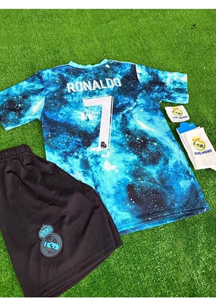 Real Madrid 2025/26 Yeni Sezon Galaxy Desenli Ronaldo Çocuk Forması 4'lü Set modelleri