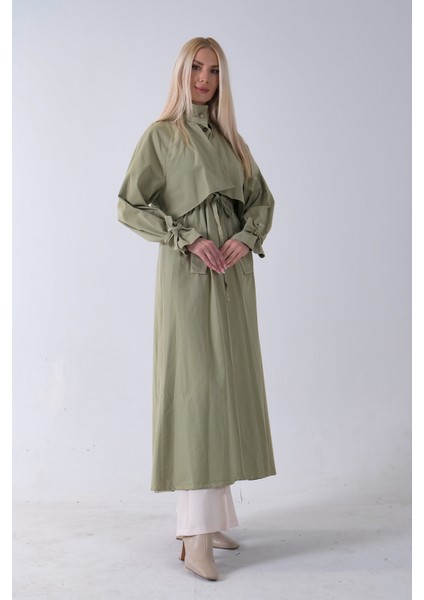 Yeşil Belden Bağlama Detaylı Yandan Cepli Uzun Trenç 422237.07 fiyatları