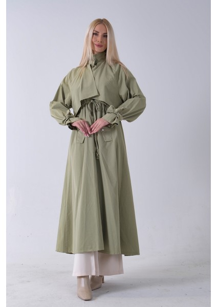 Yeşil Belden Bağlama Detaylı Yandan Cepli Uzun Trenç 422237.07