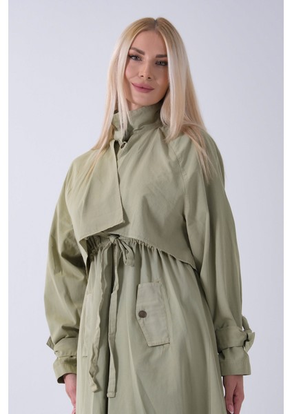 Yeşil Belden Bağlama Detaylı Yandan Cepli Uzun Trenç 422237.07