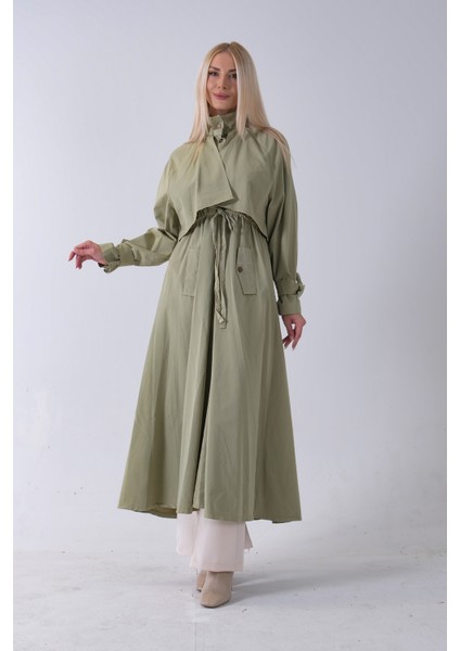 Yeşil Belden Bağlama Detaylı Yandan Cepli Uzun Trenç 422237.07