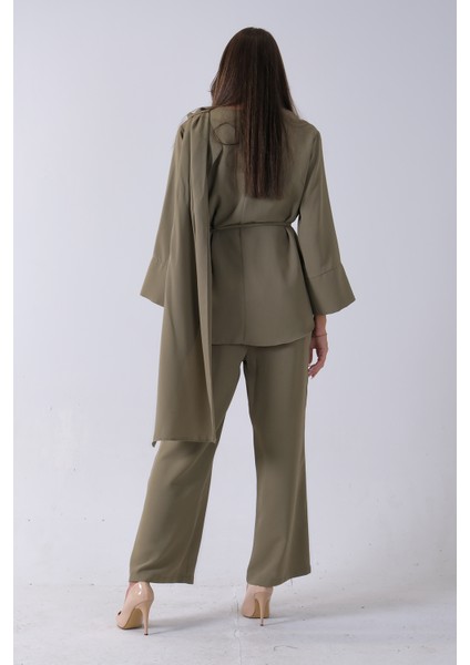 Haki Şal Yaka Üzeri Broş Detaylı Pantolonlu Takım 4592270.23
