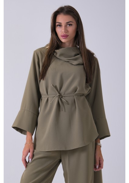 Haki Şal Yaka Üzeri Broş Detaylı Pantolonlu Takım 4592270.23
