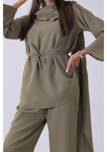 Haki Şal Yaka Üzeri Broş Detaylı Pantolonlu Takım 4592270.23