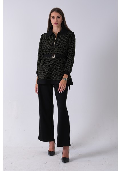 Gold Tunik Yaka Fermuar Kapamalı File Detaylı Pantolonlu Takım 4577283.122