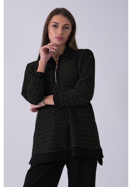 Gold Tunik Yaka Fermuar Kapamalı File Detaylı Pantolonlu Takım 4577283.122