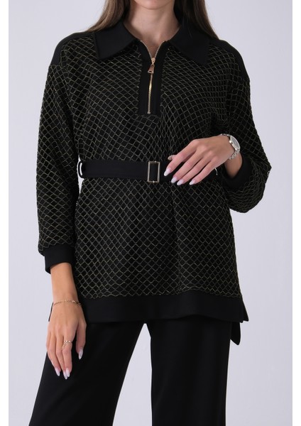 Gold Tunik Yaka Fermuar Kapamalı File Detaylı Pantolonlu Takım 4577283.122