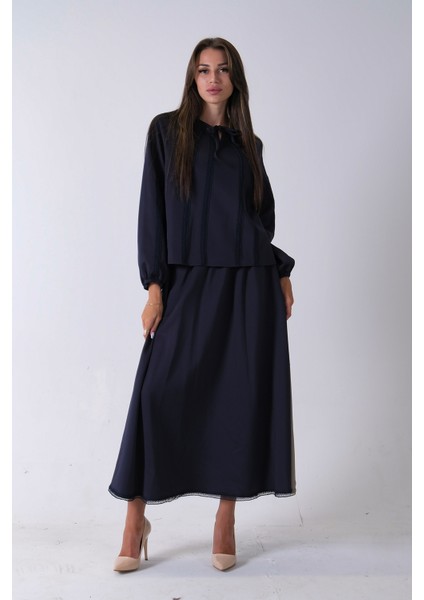 Lacivert Etek Ucu Dantel Detaylı Yaka Bağlamalı 2'li Takım 4592262.02