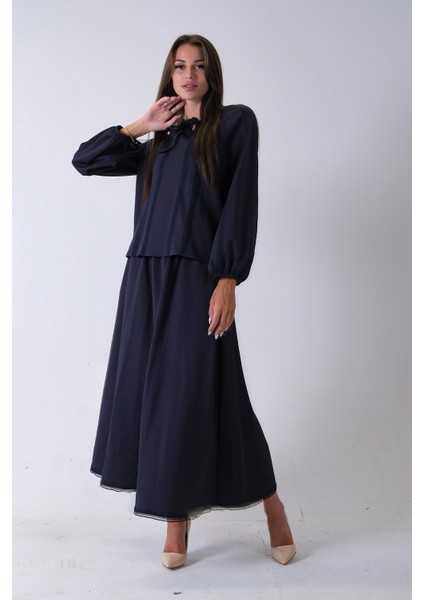 Lacivert Etek Ucu Dantel Detaylı Yaka Bağlamalı 2'li Takım 4592262.02 modelleri