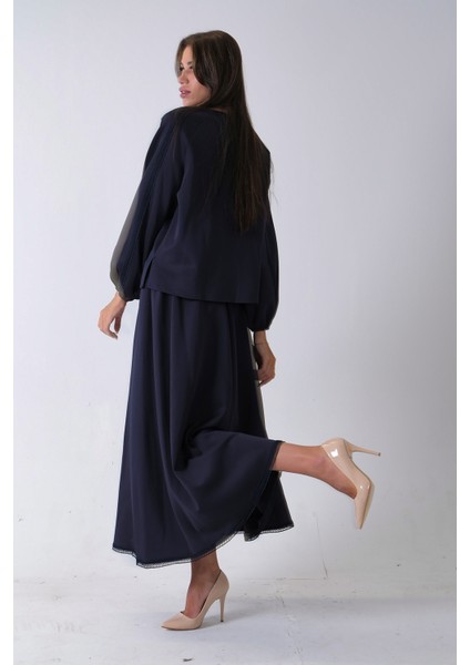 Lacivert Etek Ucu Dantel Detaylı Yaka Bağlamalı 2'li Takım 4592262.02 indirimleri