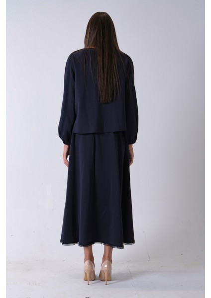 Lacivert Etek Ucu Dantel Detaylı Yaka Bağlamalı 2'li Takım 4592262.02