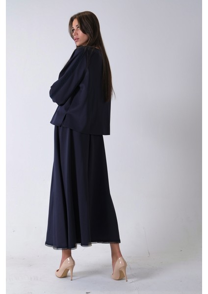 Lacivert Etek Ucu Dantel Detaylı Yaka Bağlamalı 2'li Takım 4592262.02