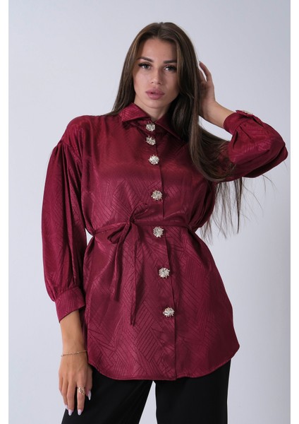 Bordo Gömlek Yaka Düğme Kapamalı Bel Bağlamalı Tunik 4595331.04