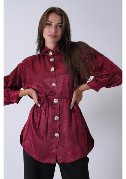 Bordo Gömlek Yaka Düğme Kapamalı Bel Bağlamalı Tunik 4595331.04 modelleri