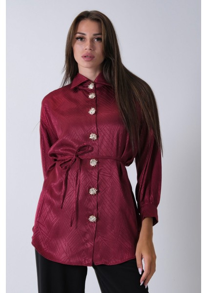 Bordo Gömlek Yaka Düğme Kapamalı Bel Bağlamalı Tunik 4595331.04