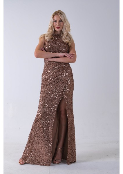 Bakır Bisiklet Yaka Kolsuz Yırtmaç Detaylı Pul Payet Abiye 9705482.231 fırsatları