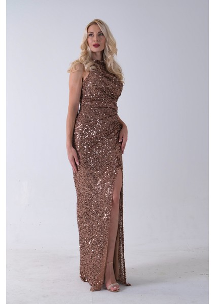 Bakır Bisiklet Yaka Kolsuz Yırtmaç Detaylı Pul Payet Abiye 9705482.231 indirimleri