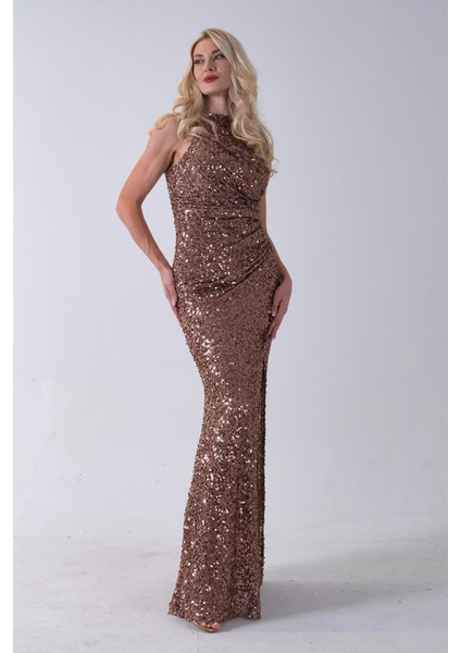 Bakır Bisiklet Yaka Kolsuz Yırtmaç Detaylı Pul Payet Abiye 9705482.231