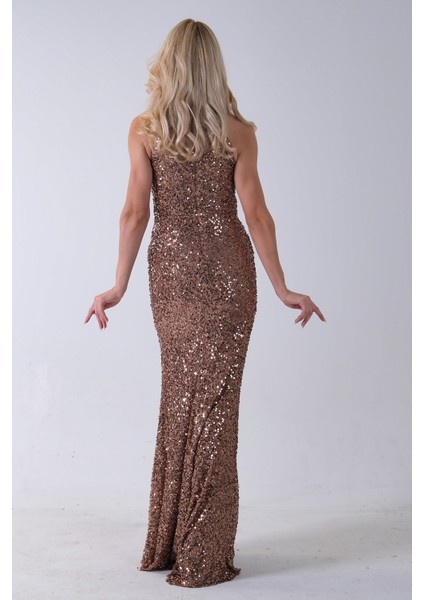 Bakır Bisiklet Yaka Kolsuz Yırtmaç Detaylı Pul Payet Abiye 9705482.231