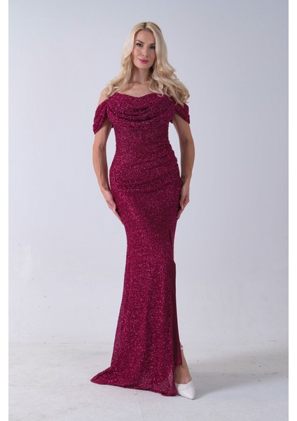 Fuşya Düşük Omuz Yırtmaç Detaylı Pul Payet Abiye 9705646.12 modelleri