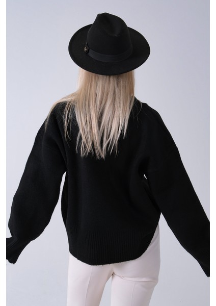 Siyah V Yaka Beli Lastikli Triko Kazak 46892623.01