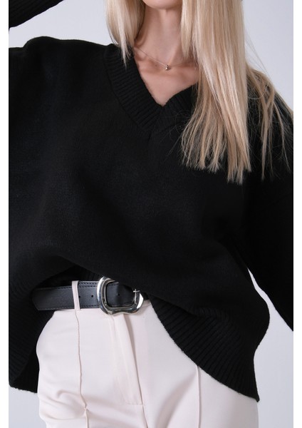 Siyah V Yaka Beli Lastikli Triko Kazak 46892623.01