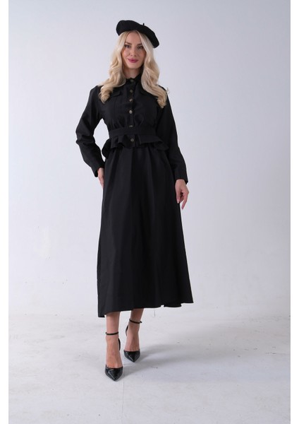 Siyah Ceket Cep Görünüm Detaylı Düğme Kapamalı Etekli Takım 5303168.01