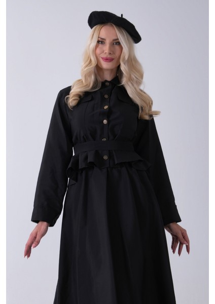 Siyah Ceket Cep Görünüm Detaylı Düğme Kapamalı Etekli Takım 5303168.01