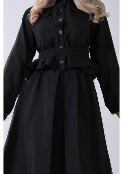 Siyah Ceket Cep Görünüm Detaylı Düğme Kapamalı Etekli Takım 5303168.01