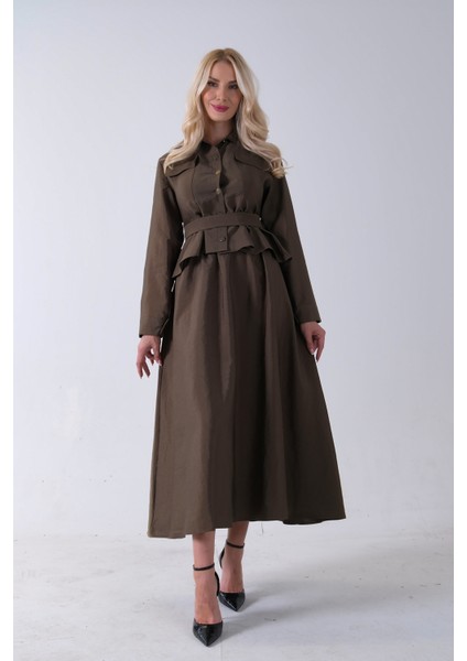 Haki Ceket Cep Görünüm Detaylı Düğme Kapamalı Etekli Takım 5303168.23