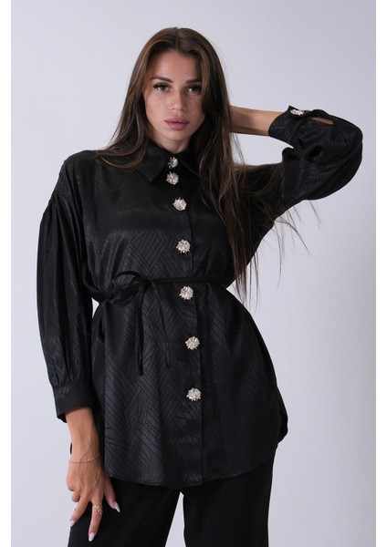 Siyah Gömlek Yaka Düğme Kapamalı Bel Bağlamalı Tunik 4595331.01