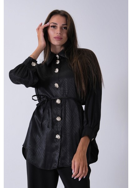 Siyah Gömlek Yaka Düğme Kapamalı Bel Bağlamalı Tunik 4595331.01 fırsatları