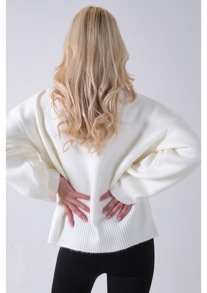 Ekru V Yaka Beli Lastikli Triko Kazak 46892623.147